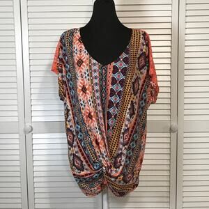 Bobbie Brooks Boho Southwest Lace Accent Knotted Front Blouse Women 3X